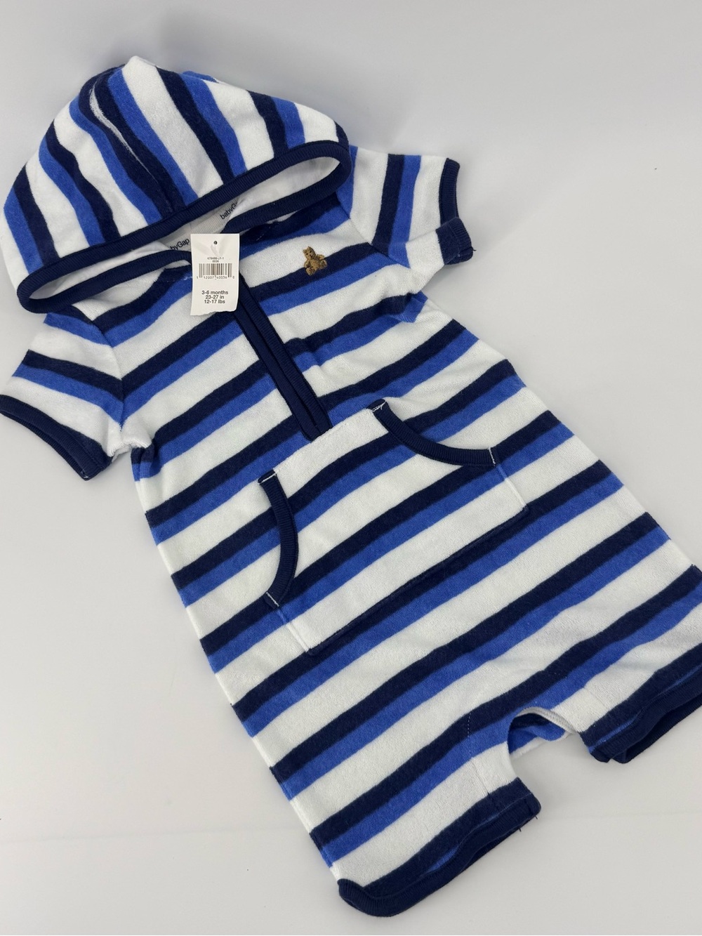 Baby GAP Blue and White Striped Baby Boy Hooded Terry Cloth One-Piece Romper